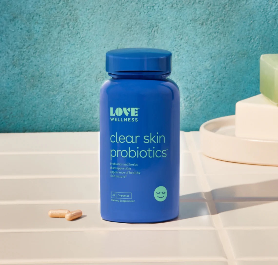 A bottle of Love Wellness' clear skin probiotics. 