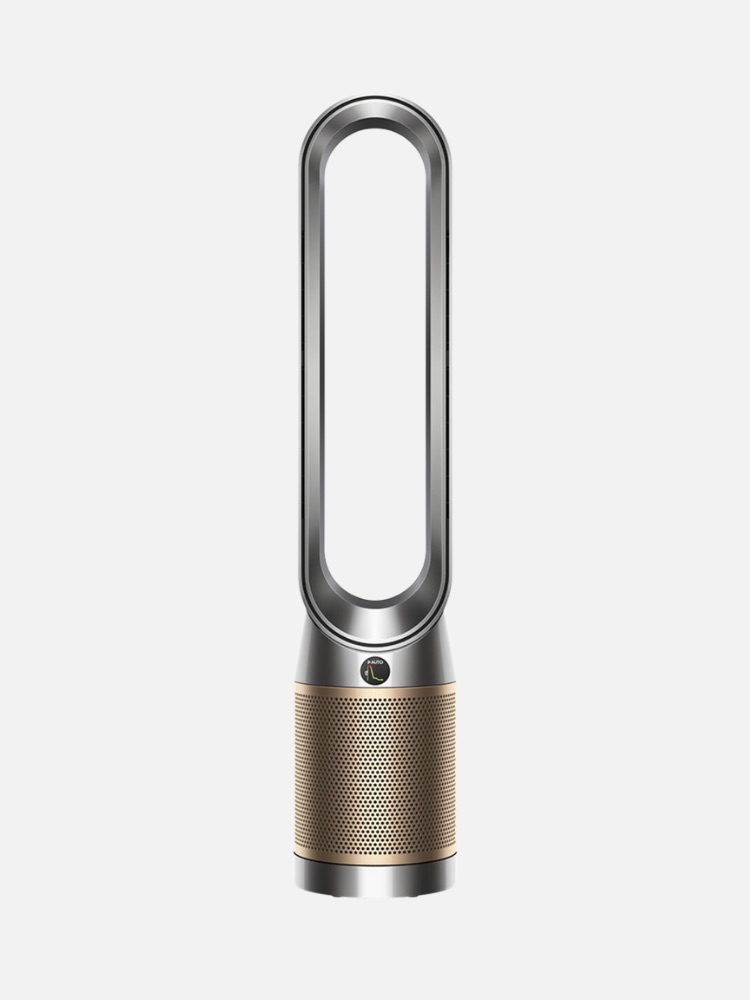 Dyson Air Purifier with an oval air amplifier and a gold-colored base.
