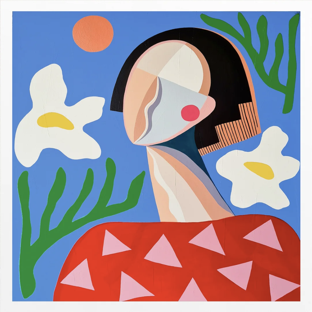 A graphic image of a woman and flowers.