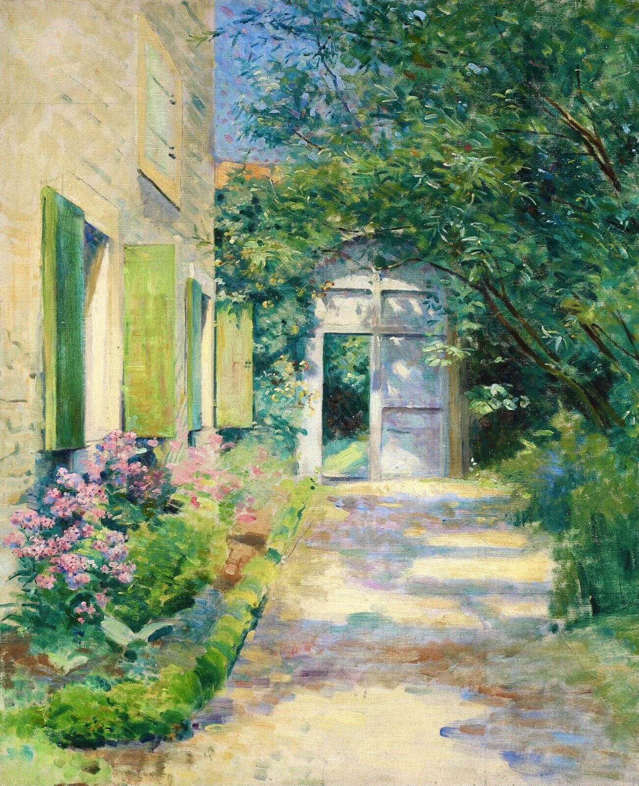 A painting of a home's exterior and garden.