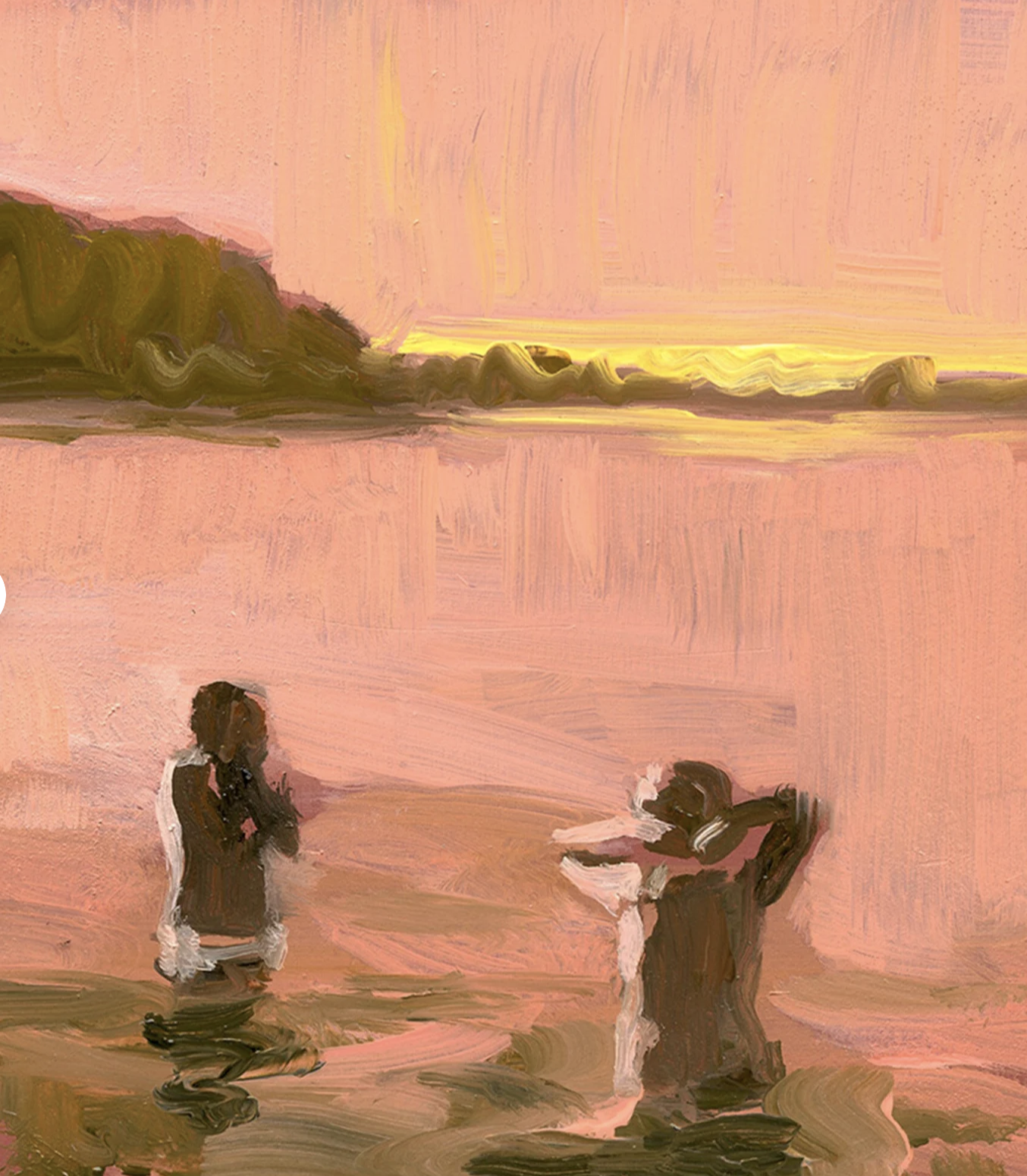 A painting of two people in a sunset.
