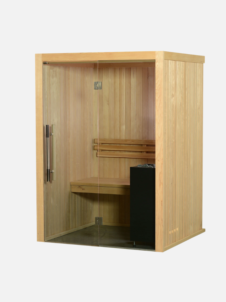 A wooden sauna with a glass door, an interior bench, and a heater unit on the right side.