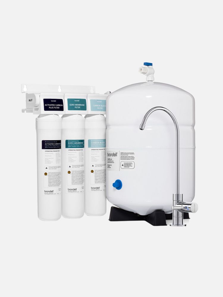 The Brondell Capella RC250 Reverse Osmosis Water Filtration System in front of a light grey background