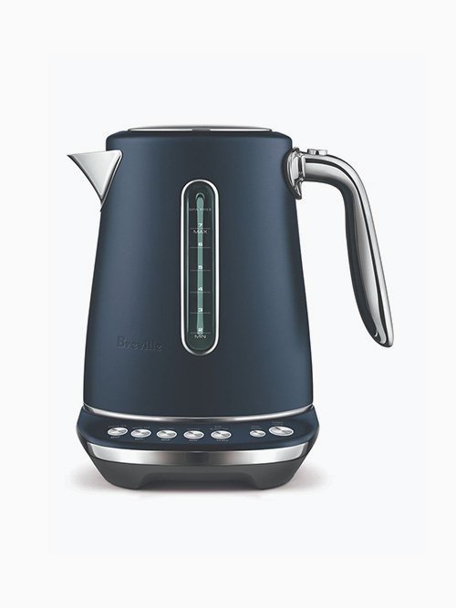 The Best Electric Kettles: Breville's Smart Kettle Luxe in dark blue with five temperature settings, a water gauge, and silver handle and spout.