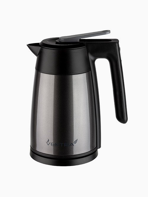 The Best Electric Kettles: Vektra's thermal insulated electric kettle in dark silver with soft lid.