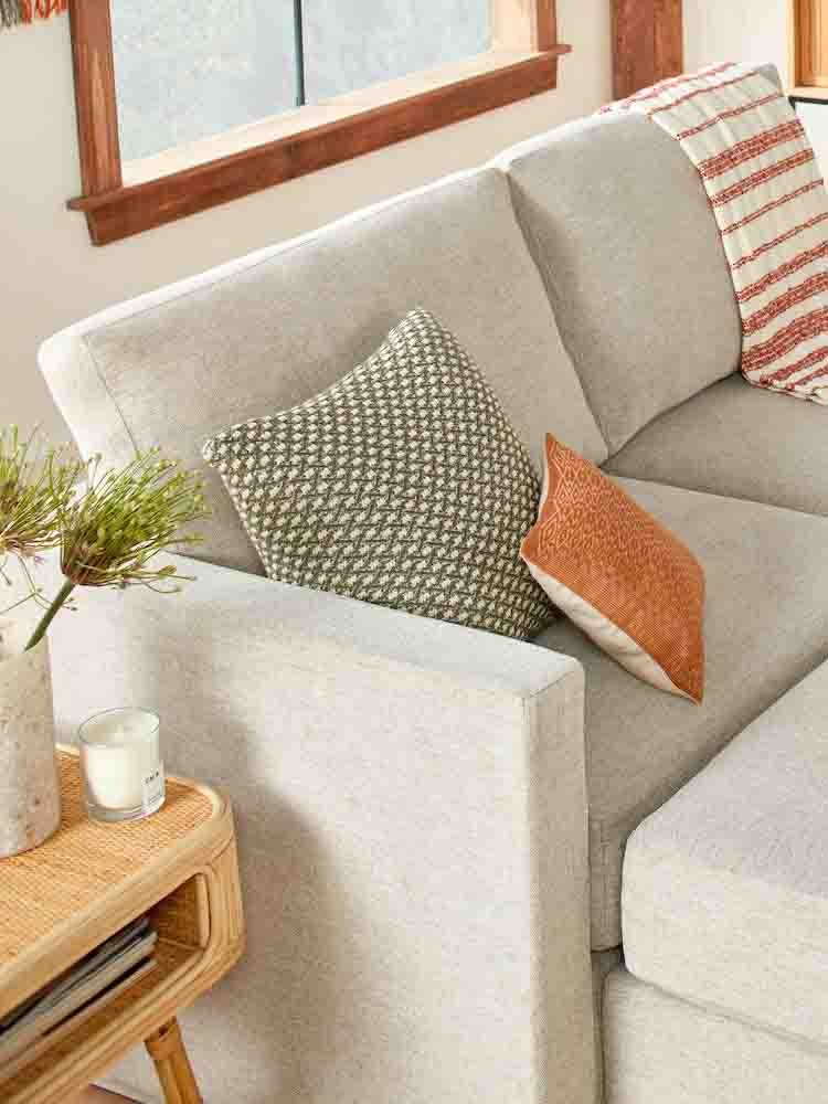 Joybird Couch, Pillows, Throw Blanket, Side Table