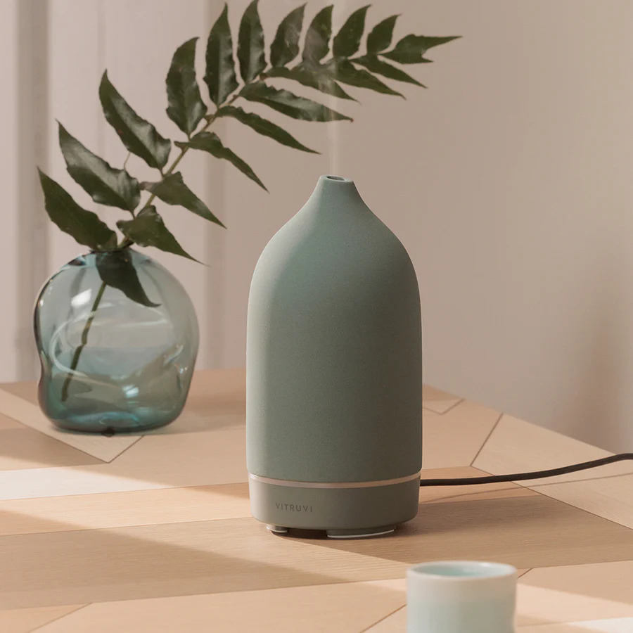 A teal Vitruvi stone diffuser on a wooden table, with a plant next to it.