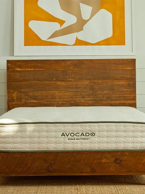 An Avocado mattress and wooden platform bed.