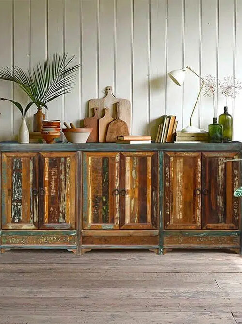 A reclaimed wooden credenza.