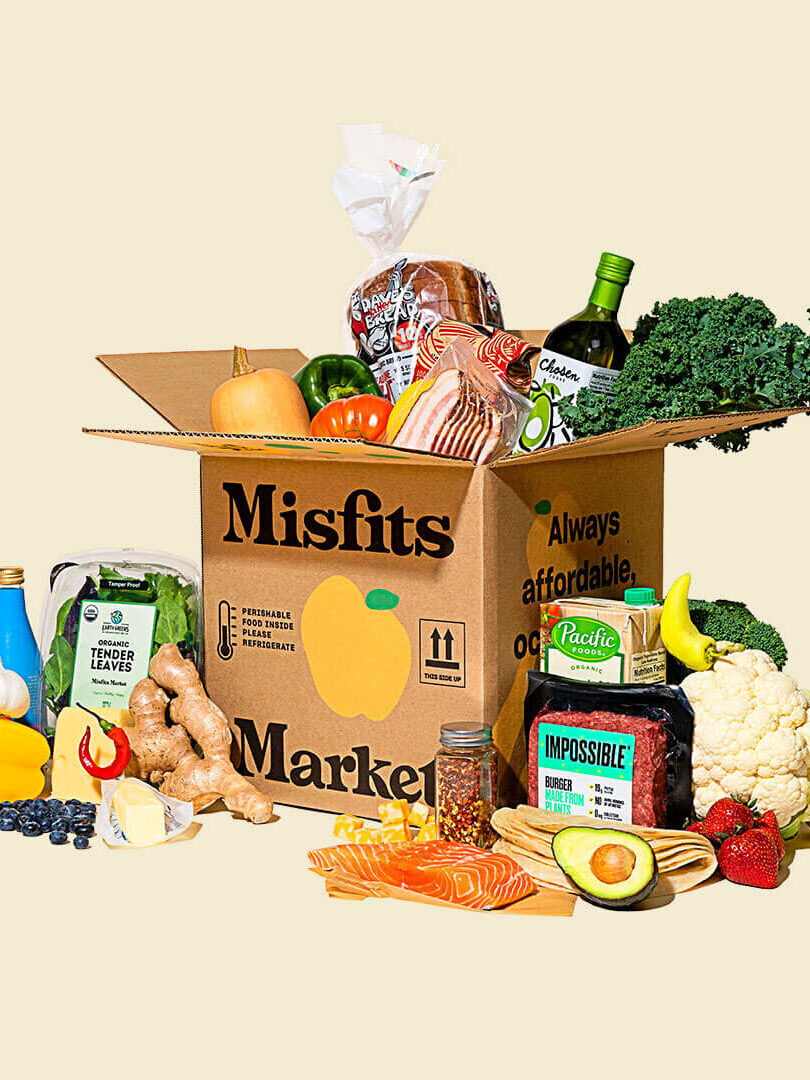 Studio shot of the Misfits Market box with products and food