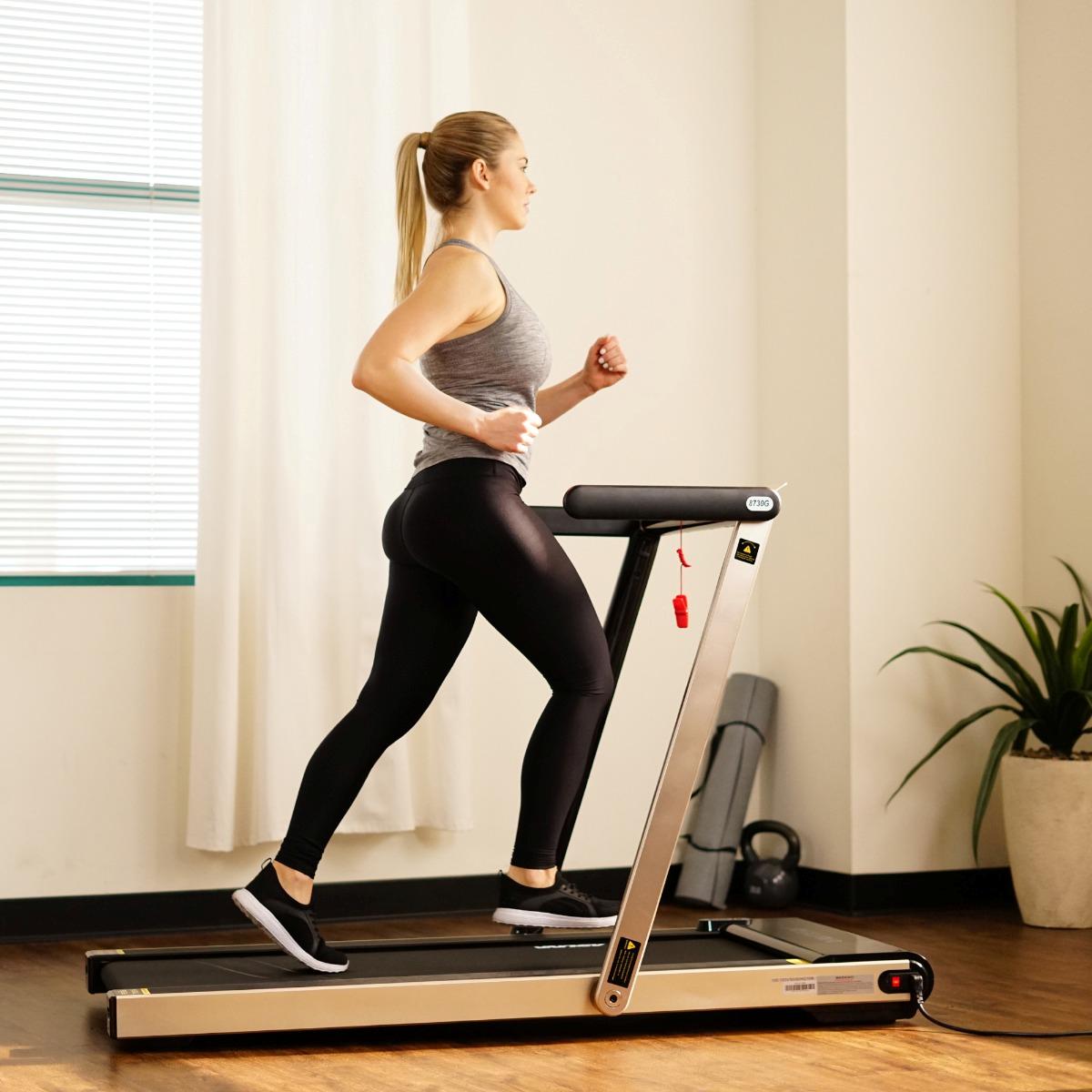 A model running on a Sunny Health treadmill.