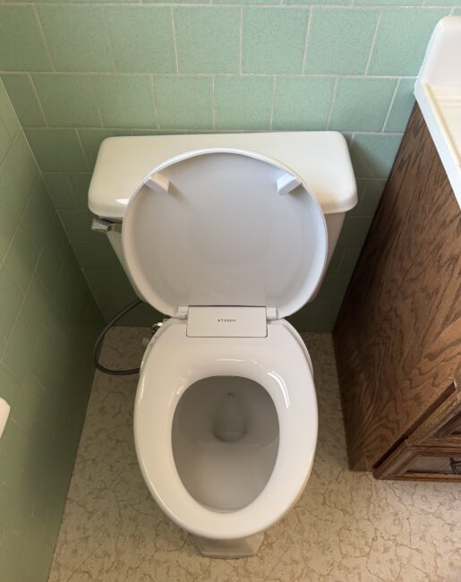 A white toilet with the lid open, set against green tiled walls and a wood cabinet on a beige patterned floor.