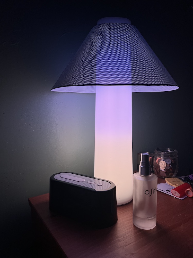 The Loftie Lamp and Loftie Clock on the editor's nightstand