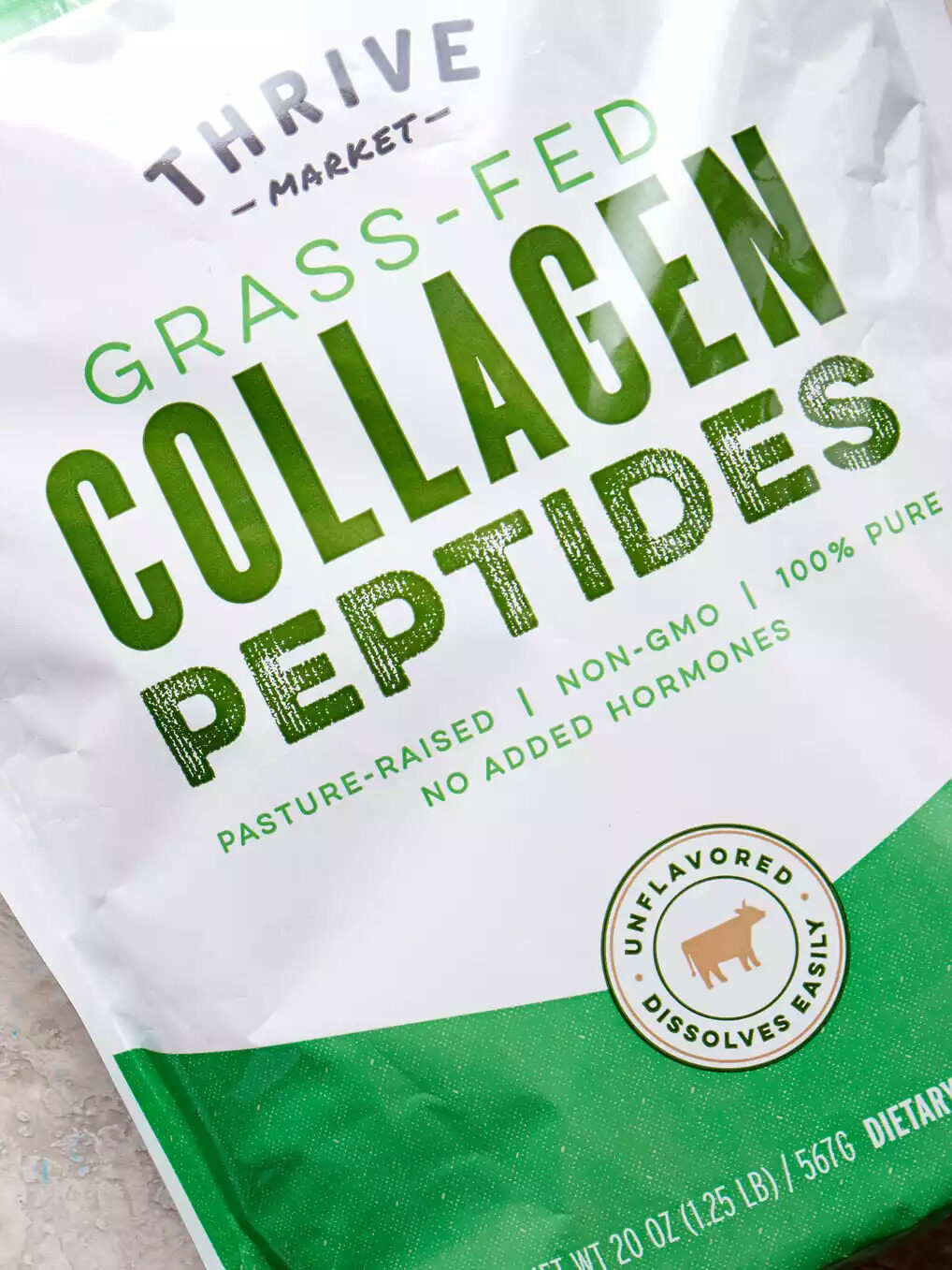 A packet of Thrive Market Grass-Fed Collagen Peptides.