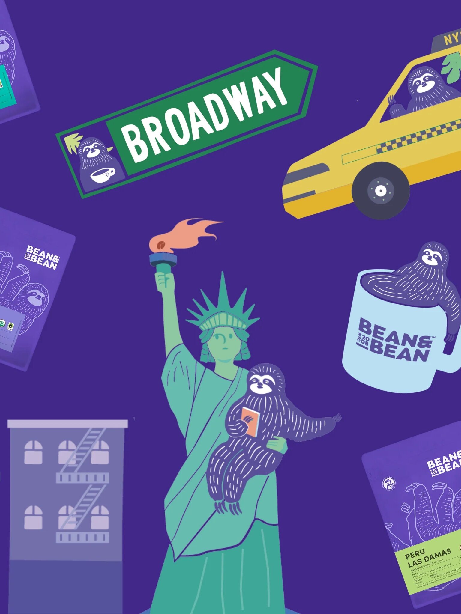 A purple cartoon of New York City icons like a taxi  cab, the Statue of Liberty, and a sign for Broadway float next to the brand's coffee bags
