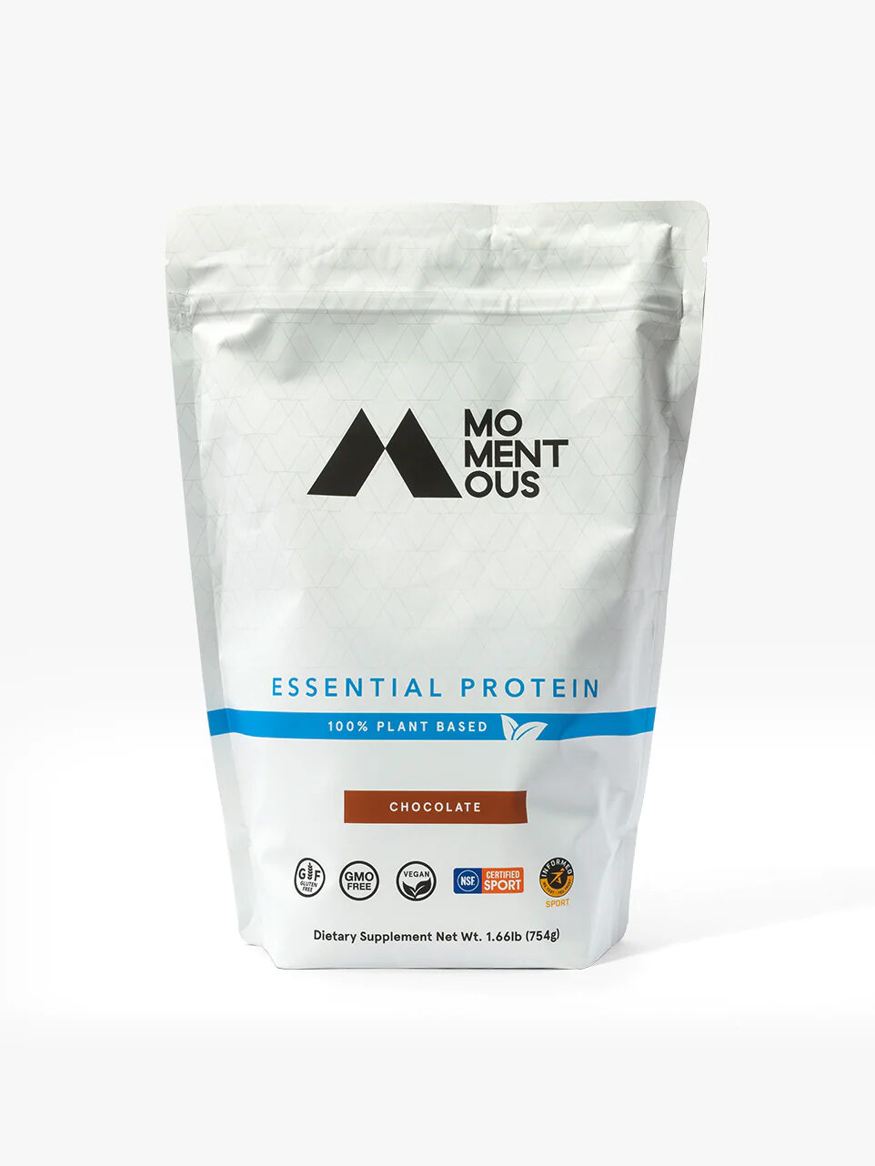 A bag of chocolate Momentous protein powder.
