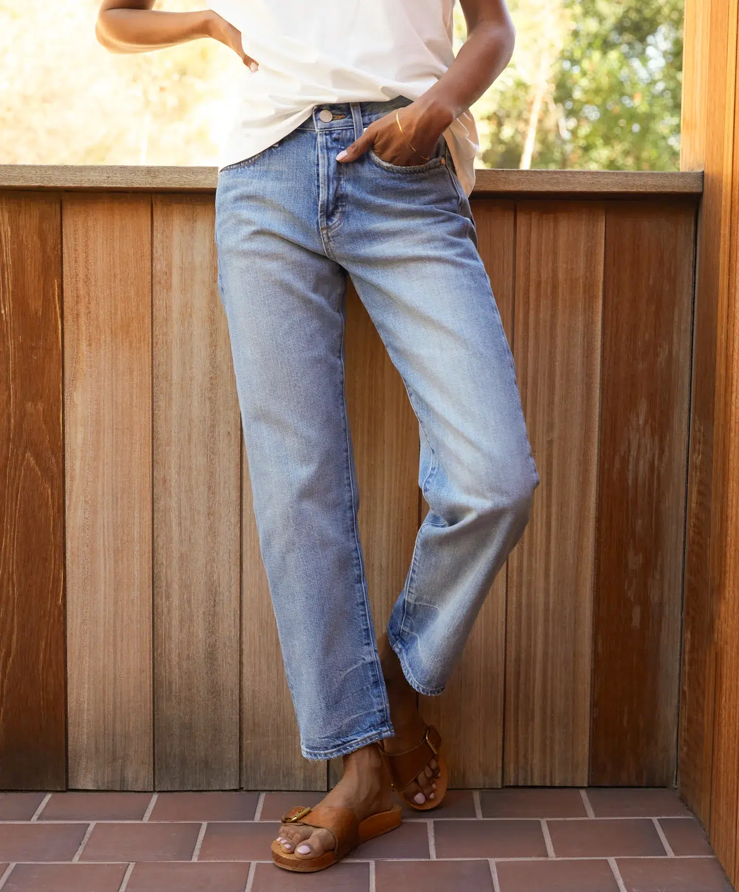 A model in relaxed American-made jeans. 