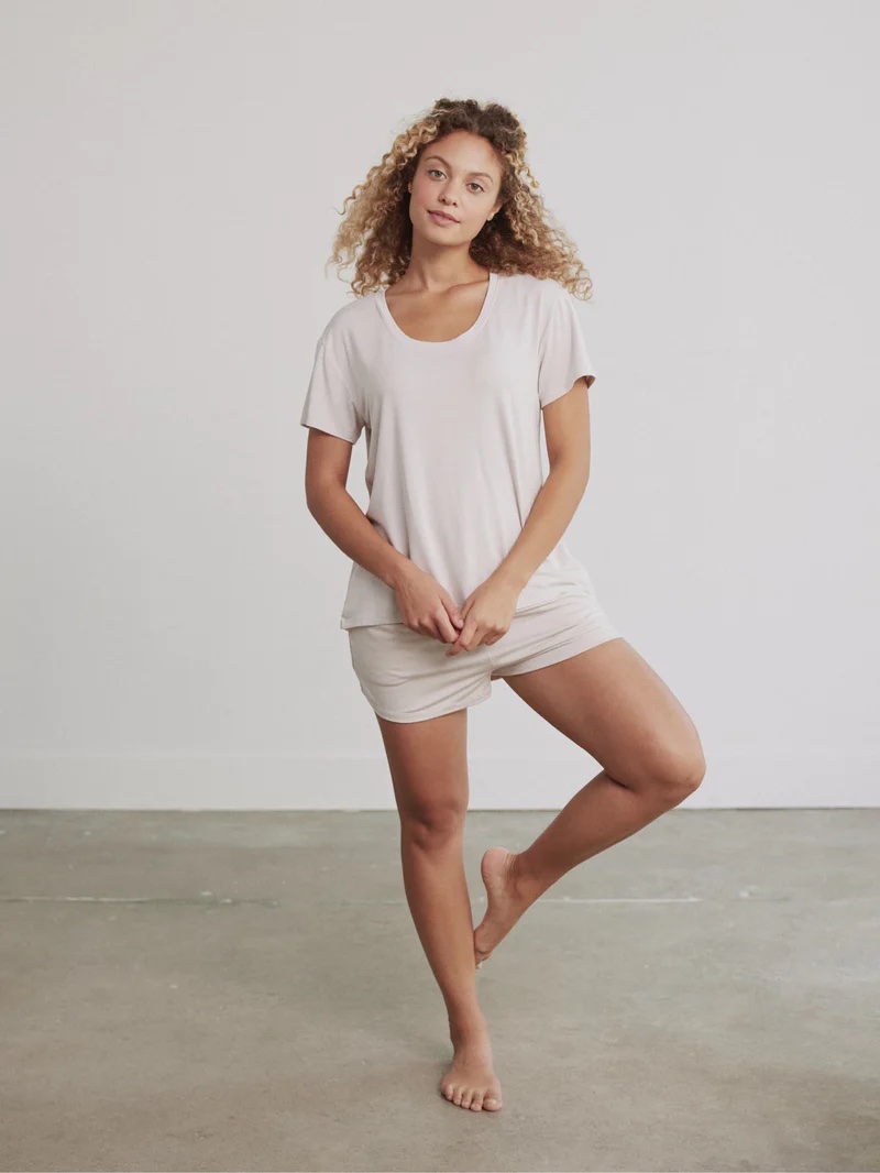 A model in a sleep tee and shorts set.