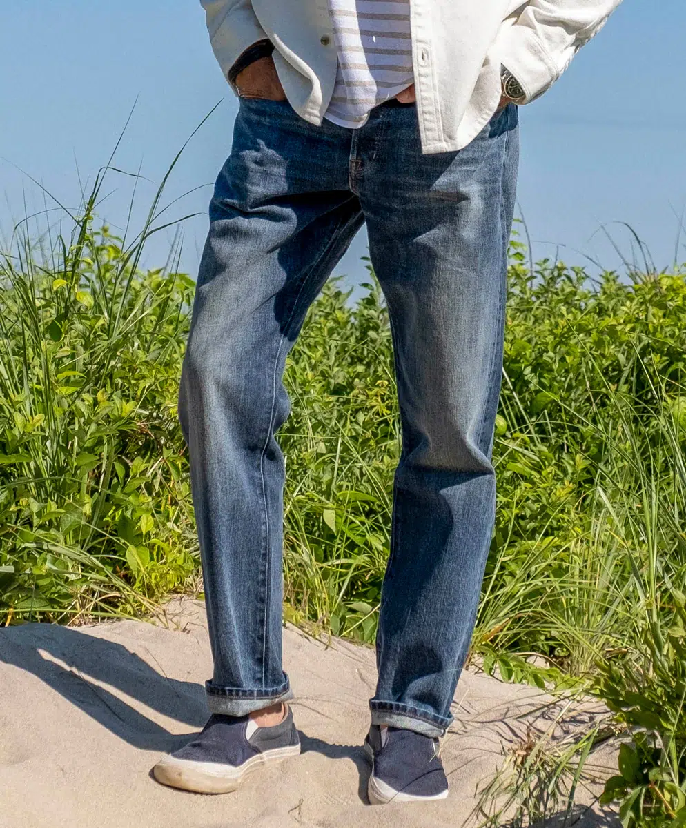 A model in relaxed American-made jeans. 