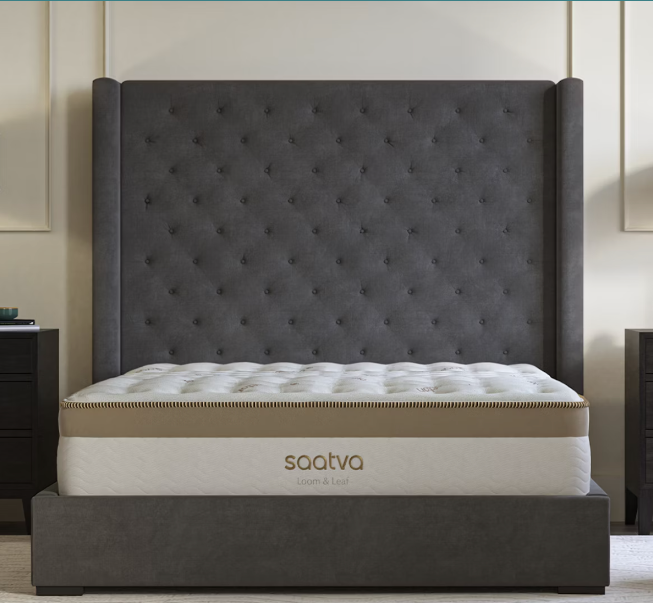 An eco-friendly foam mattress on a tufted bed frame.
