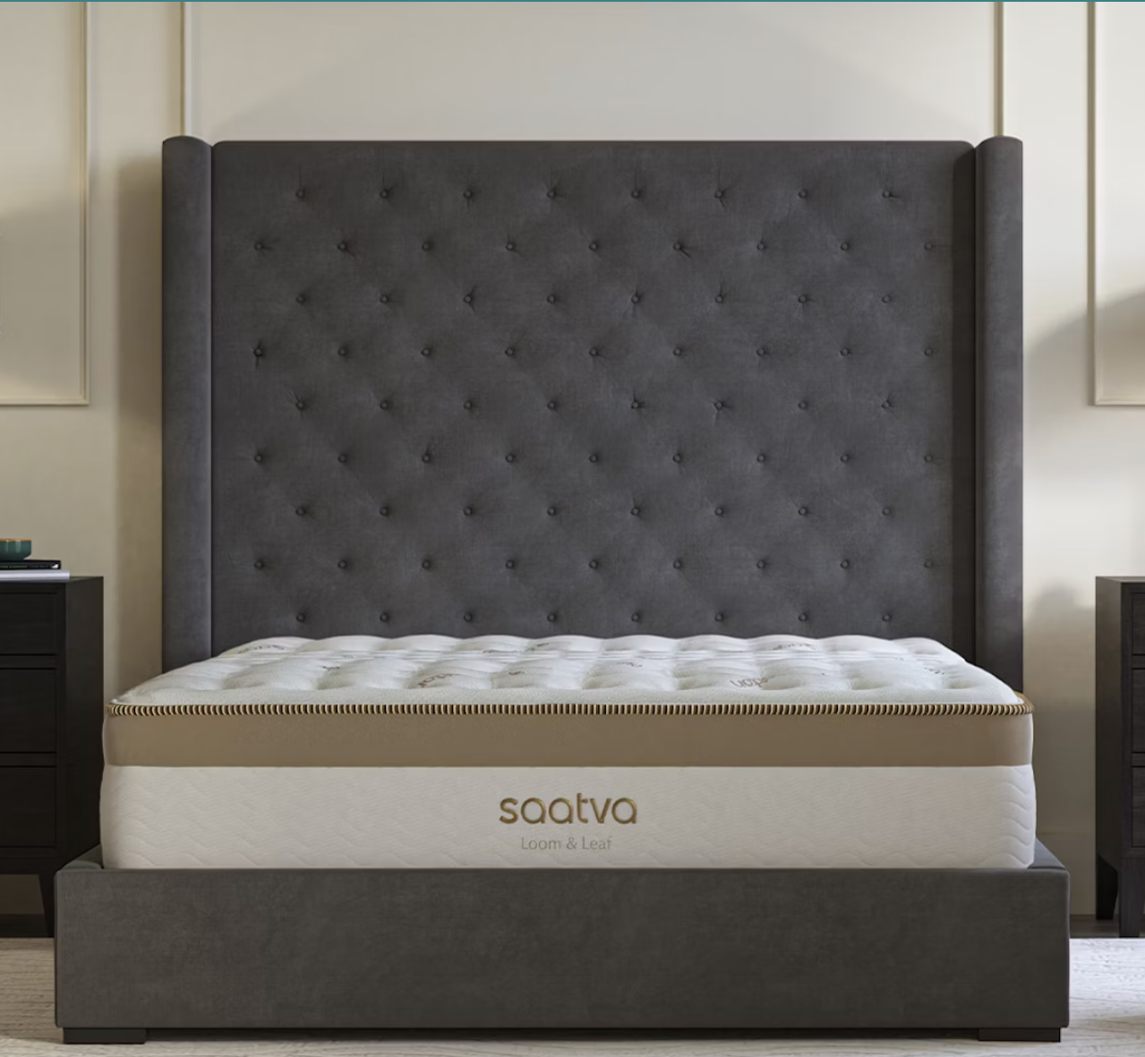 An eco-friendly foam mattress on a tufted bed frame. 