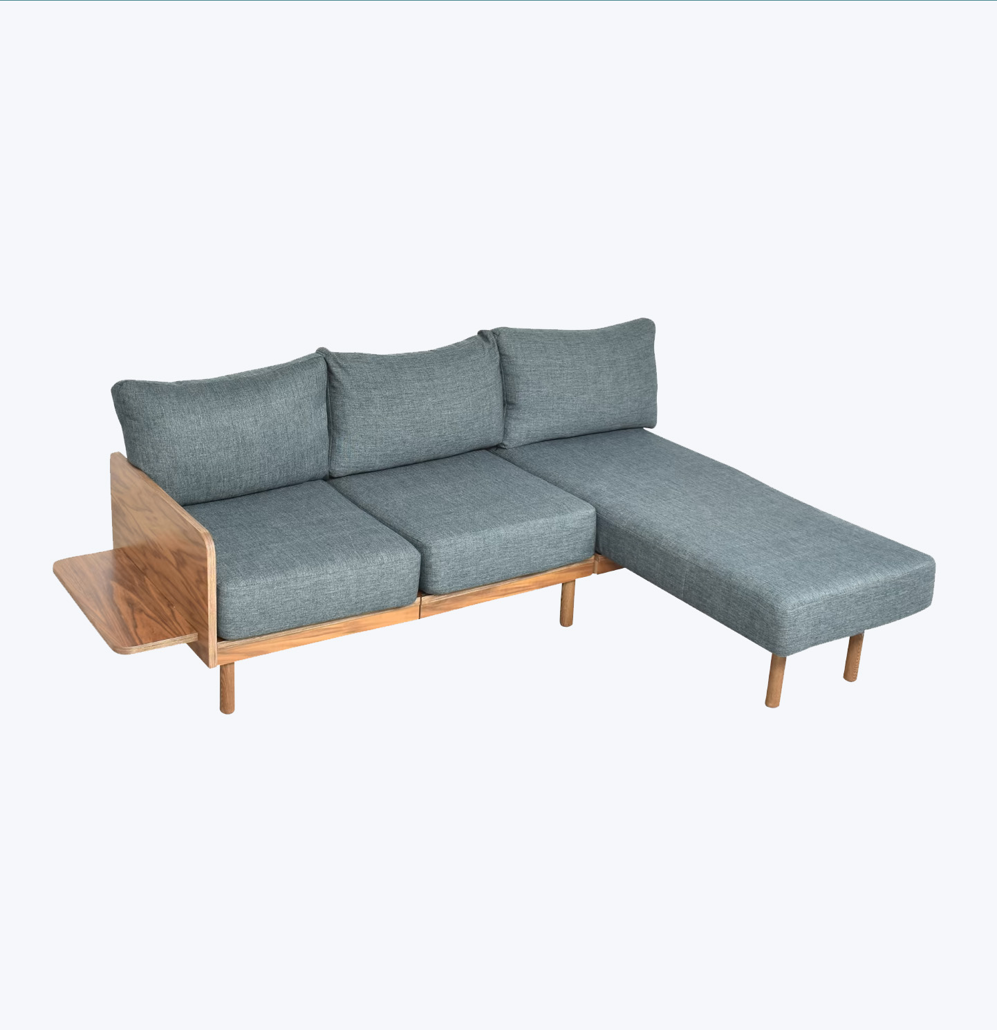 A wooden-framed gray sectional couch.