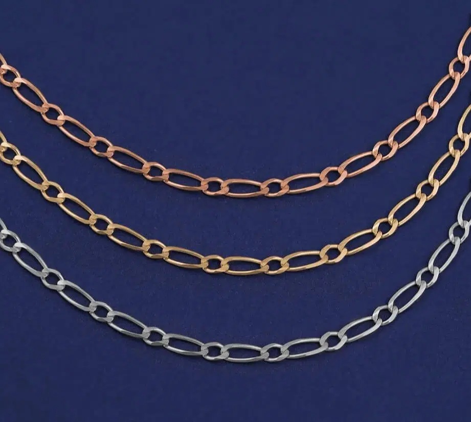 Close up of a chain in three different metals. 