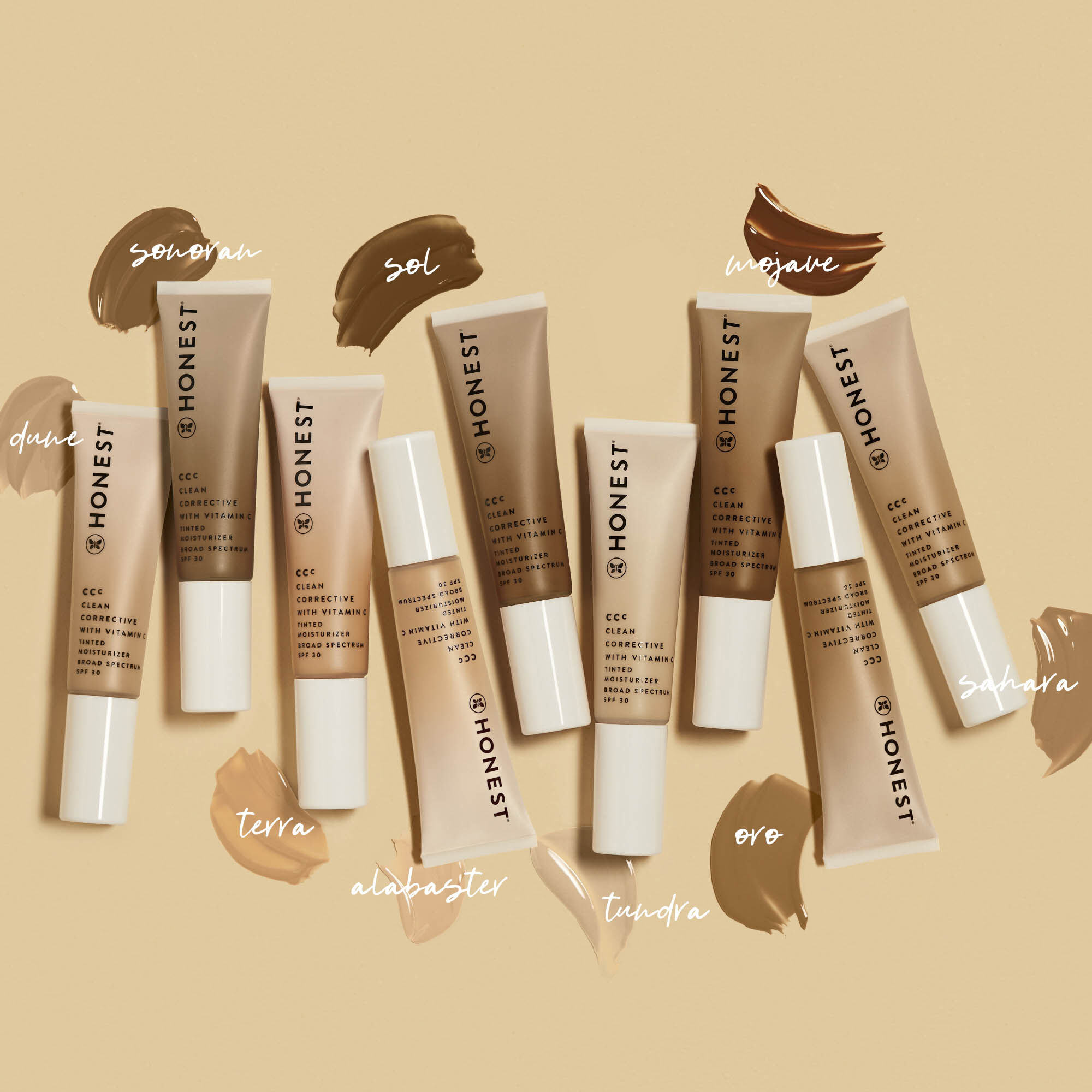 The CC Cream tubes in different shades lying in a row. 