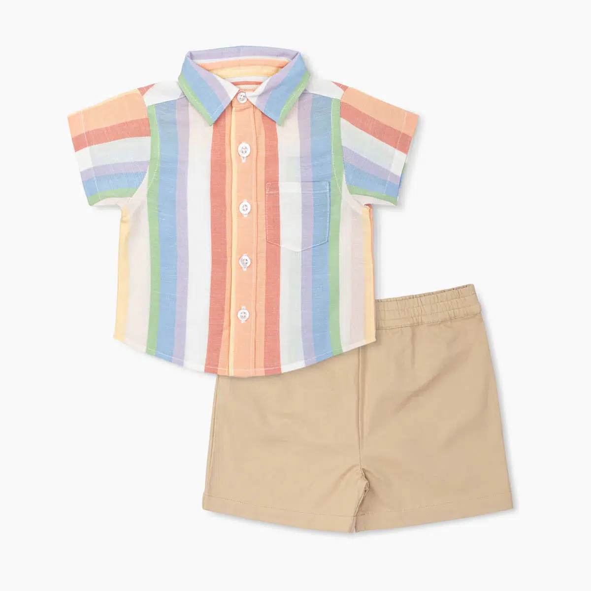 A studio shot of a striped polo and beige shorts set by Monica + Andy. 