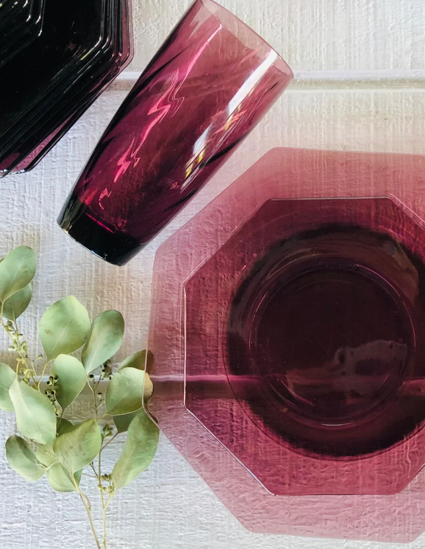 Moroccan deep pink colored glass table setting.