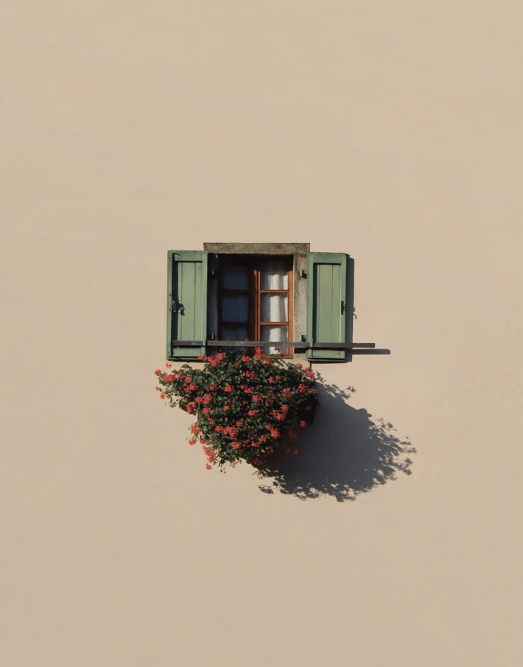 A photo of an open window with flowers.
