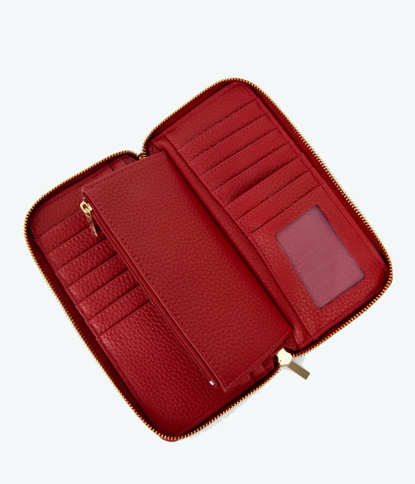 An open red wallet. 