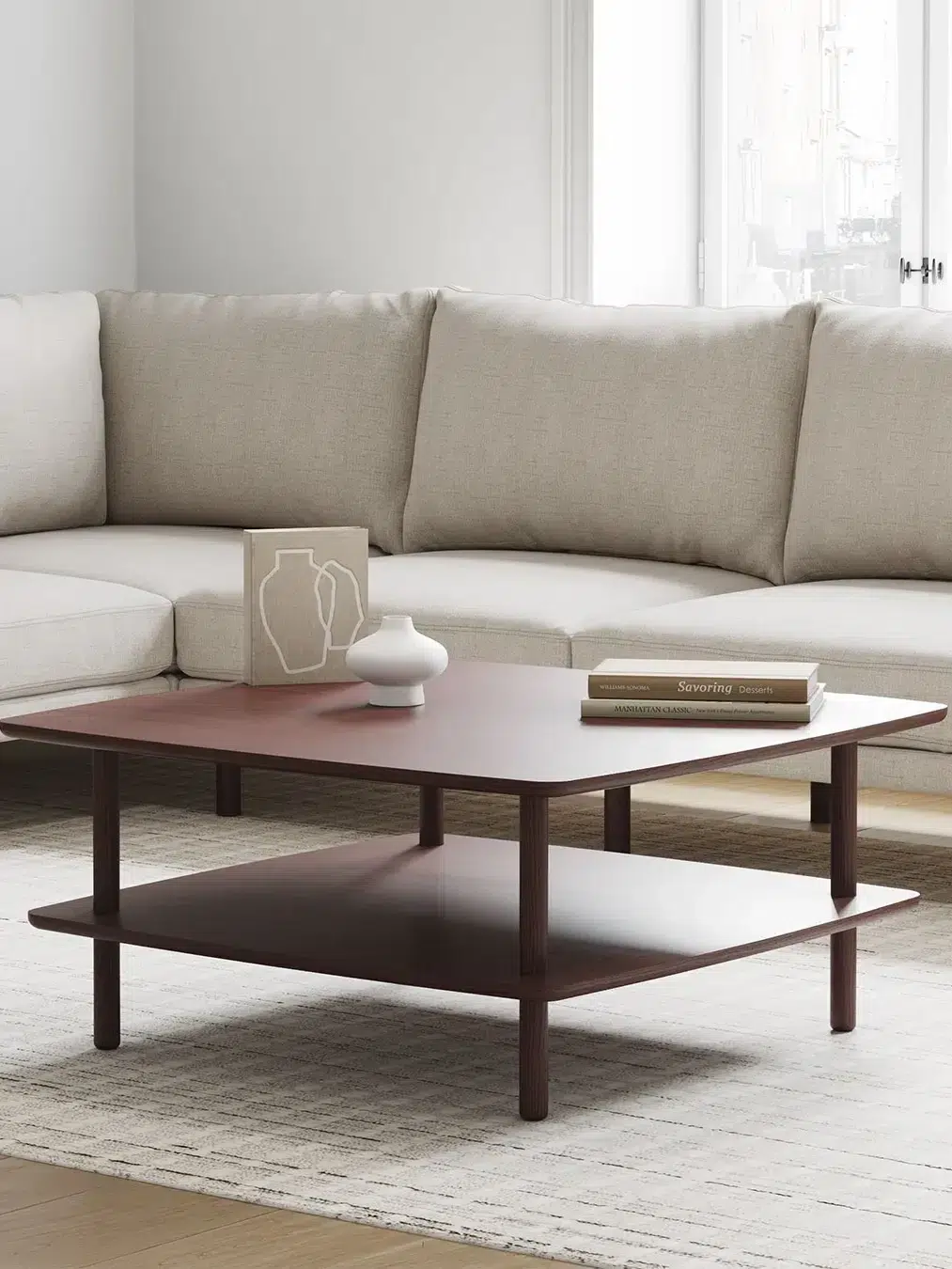 A Burrow coffee table in a styled living room. 