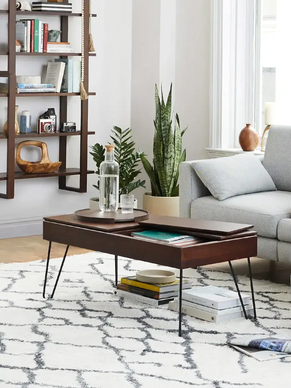 A Burrow coffee table in a styled living room. 
