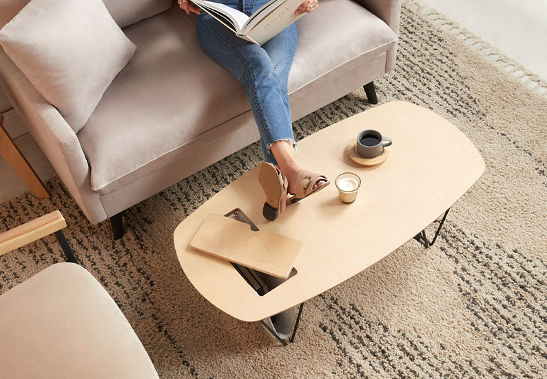An Inside Weather coffee table in a styled living room. 