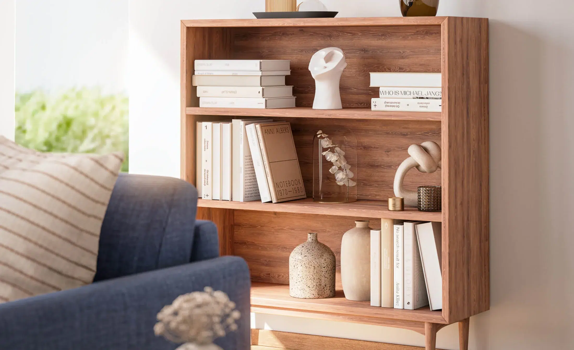 A styled Medley shelf in a styled living space. 
