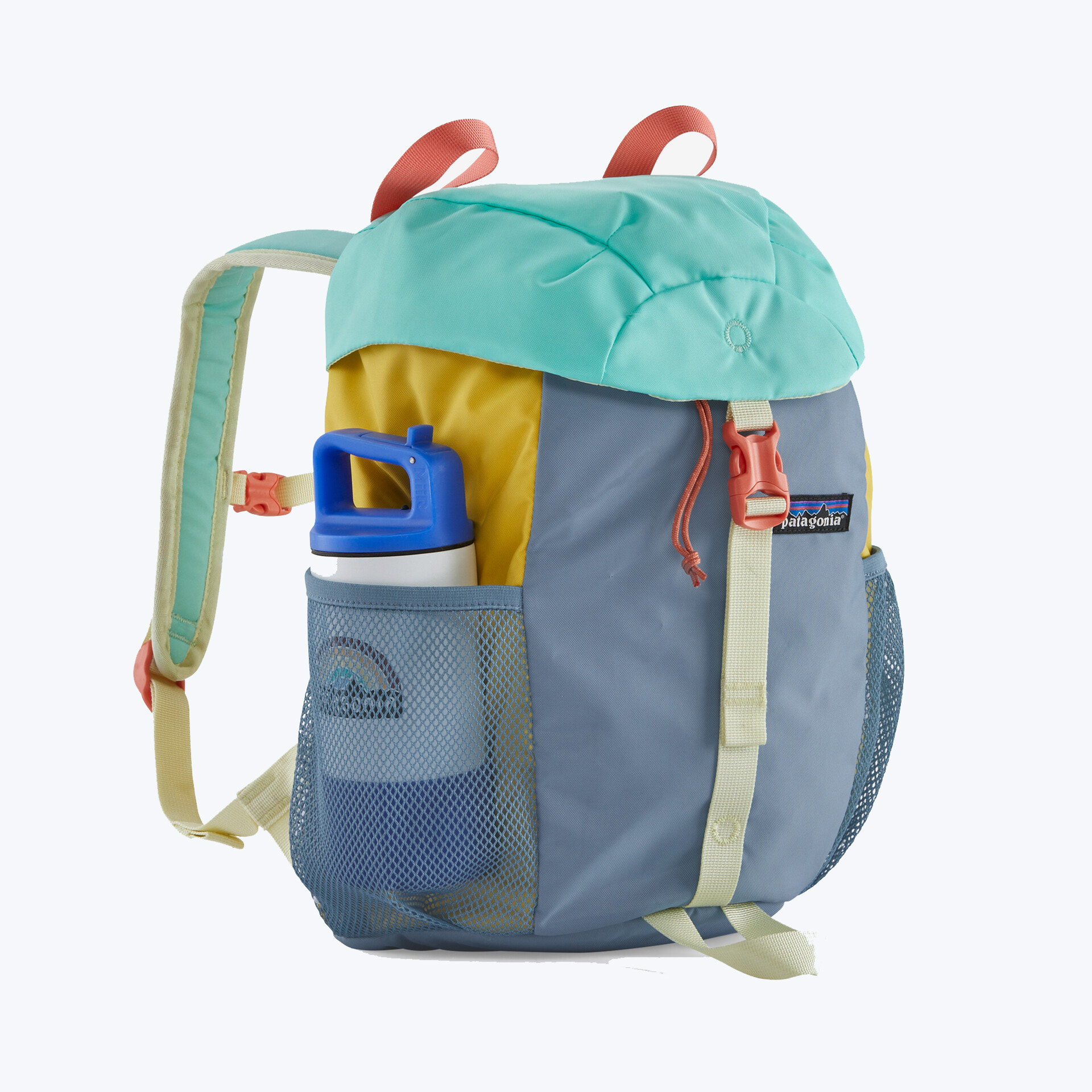 A colorful Patagonia kids backpack with a waterbottle in the side pocket.