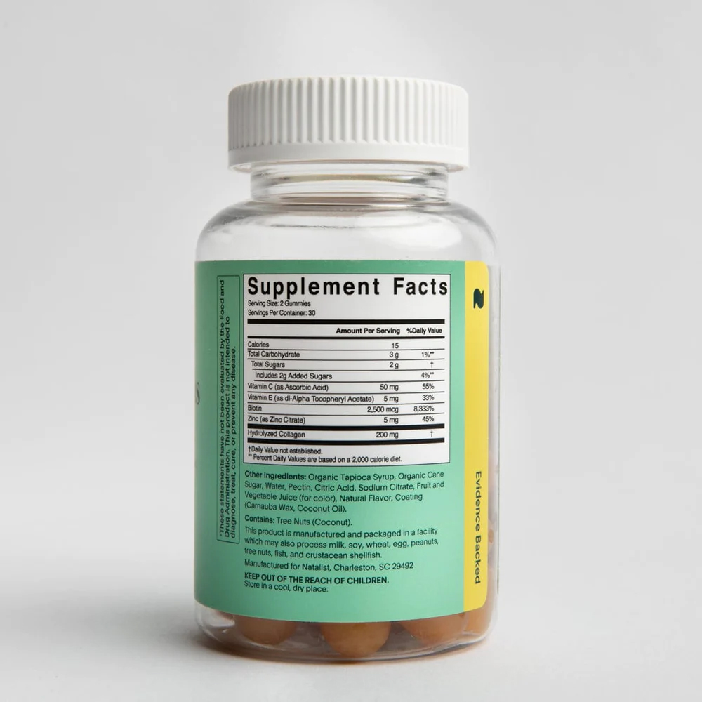 The label on the bottle of Natalist Biotin Plus Gummies.