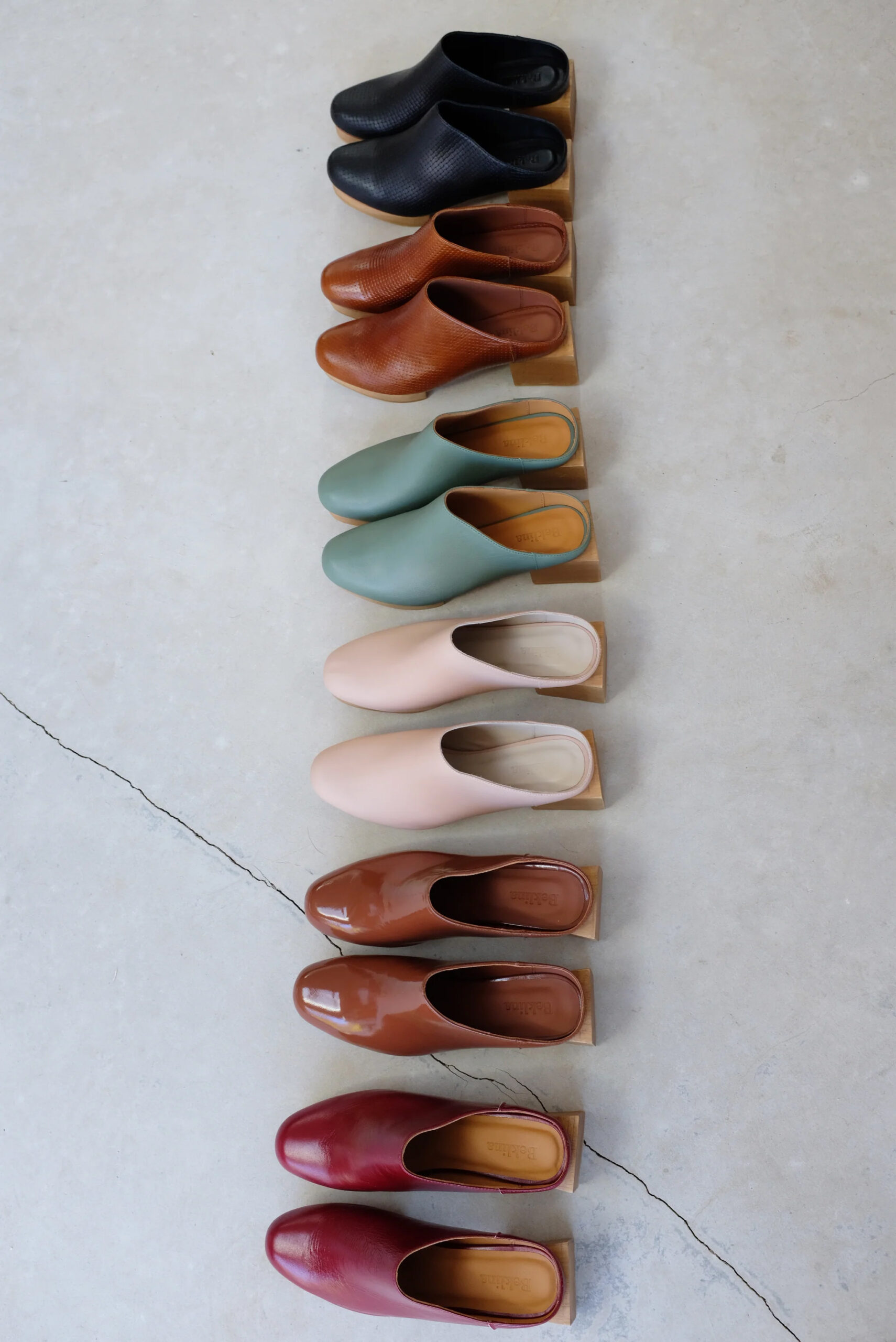 A line of various colored mules. 