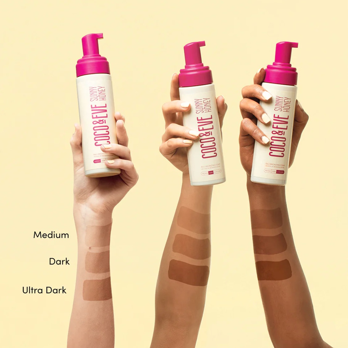 Three model's hands in different skin tones holding Coco & Eve nontoxic self-tanners, with swatches on their arms. 