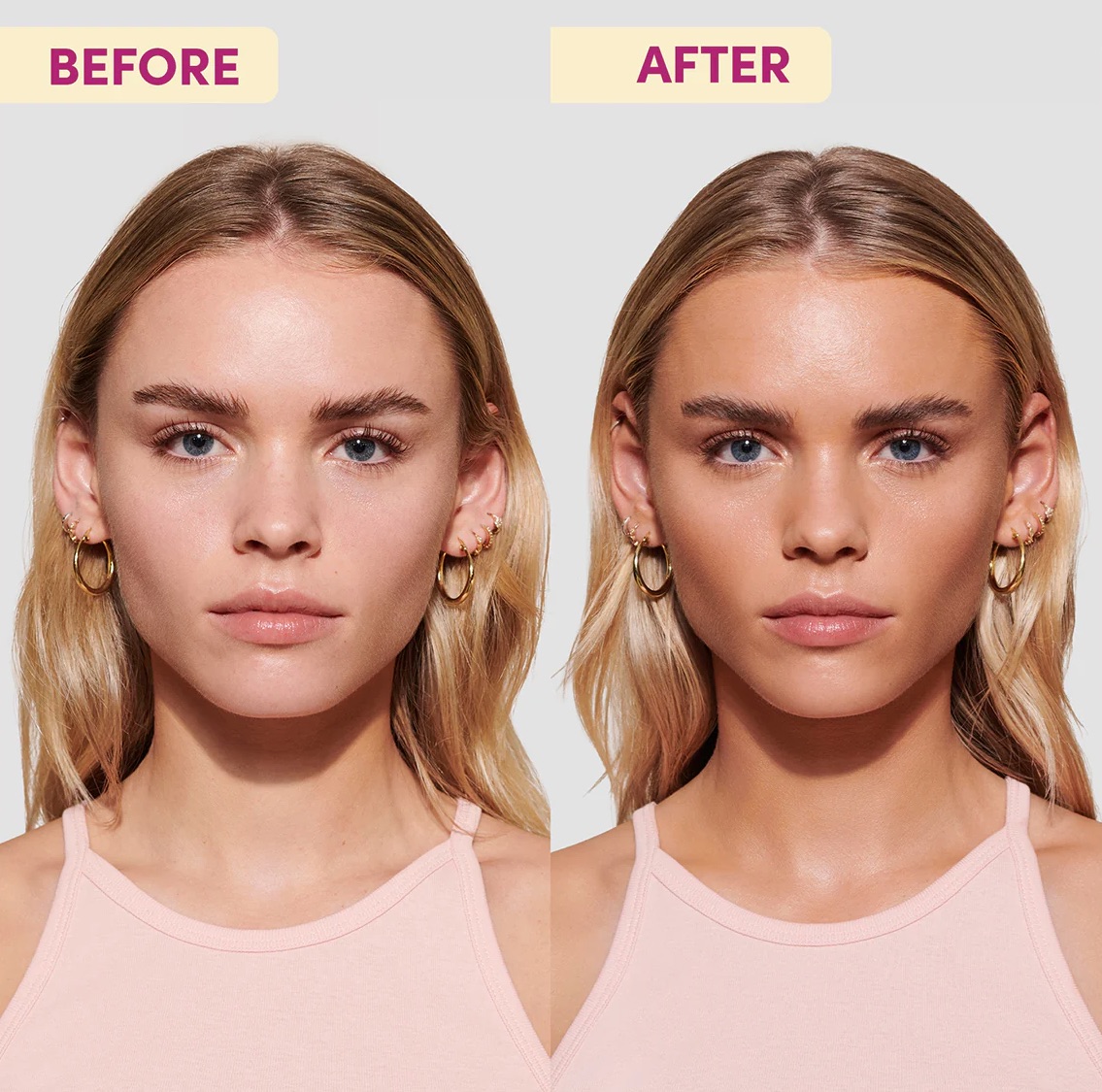 A before and after shot of a model wearing Coco & Eve nontoxic self-tanner. 
