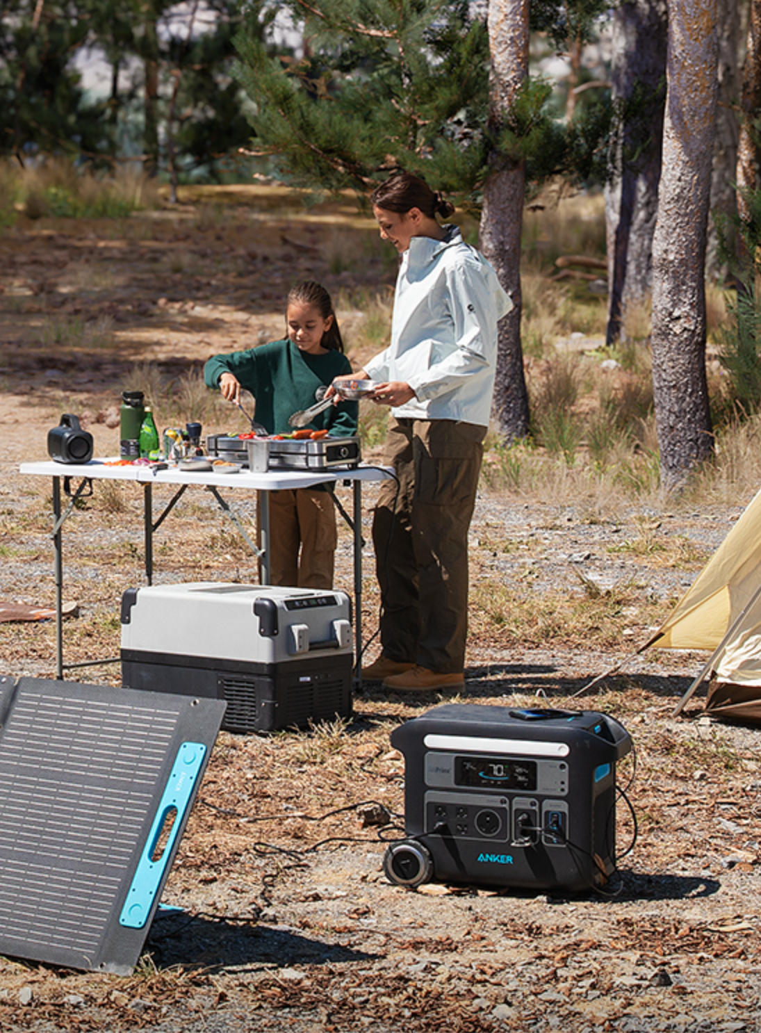 An Anker solar generator at a camp site.