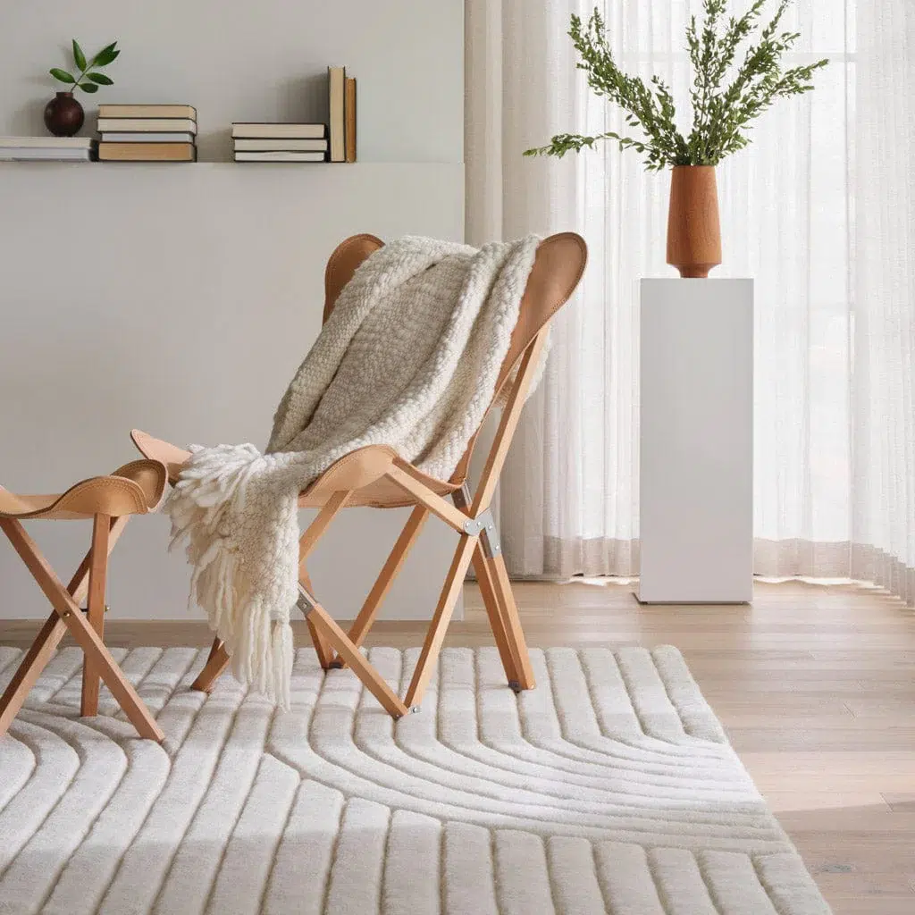 A textured cream-colored Citizenry nontoxic rug with a chair on top in a styled living room. 