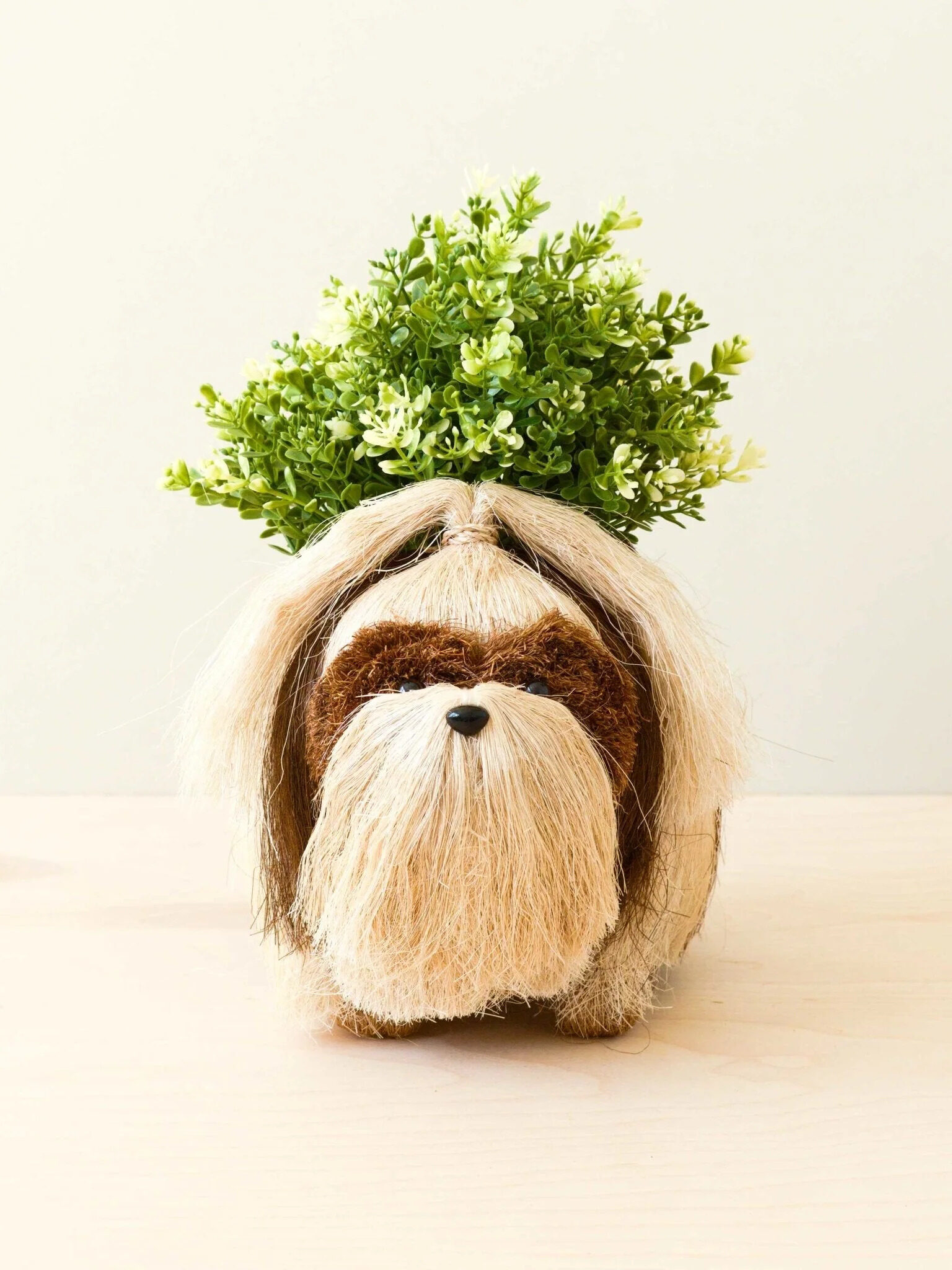 A shih tzu dog planter with a green plant in it by Brightly. 