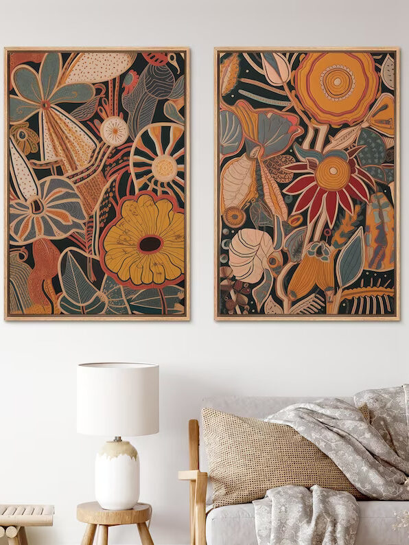 Two framed images of retro looking flower patterns in orange, teal, red, black and yellow. Found on Etsy.