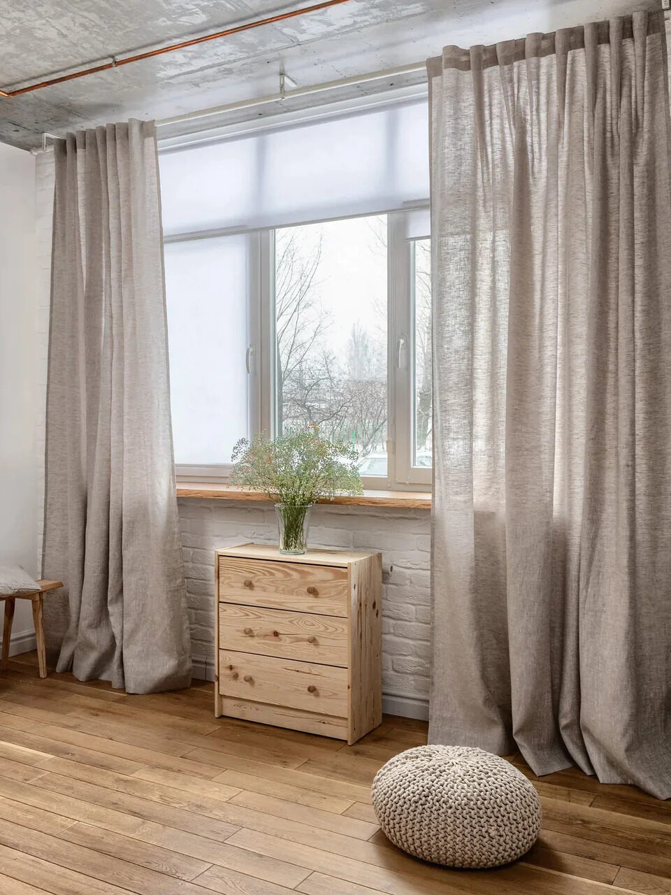 3H Linen sheer grey curtains in a room.