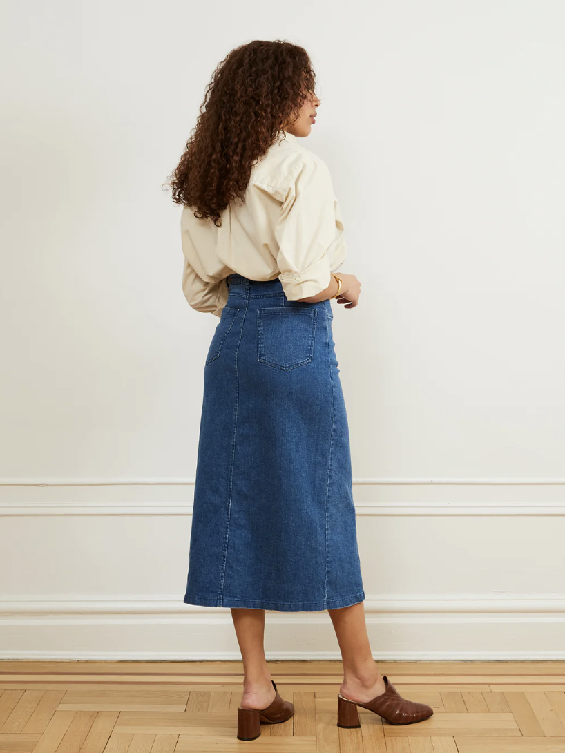 A model in a denim midi skirt from Loup