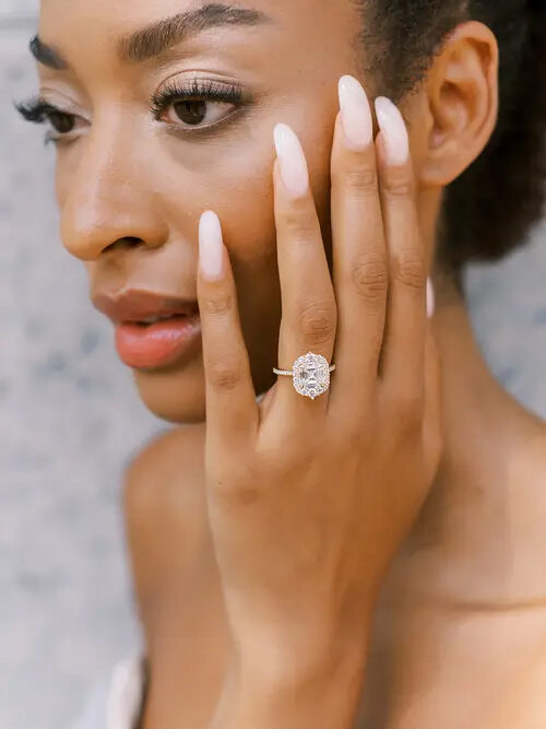 Close up of a moissanite ring on a model's hand from Kristin Coffin