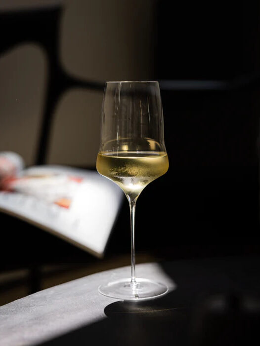 A glass of white wine from Dry Farm Wines.