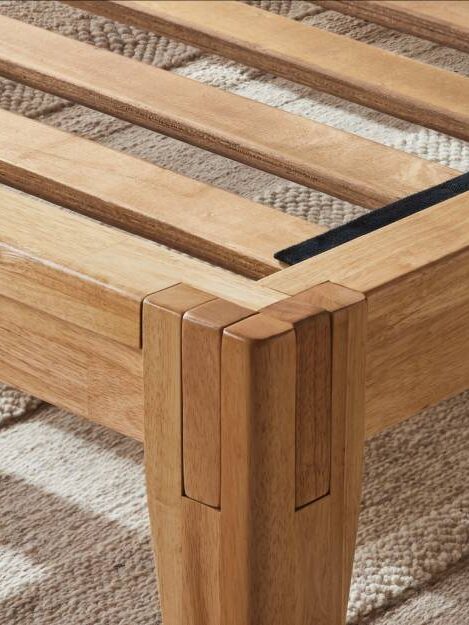 Close up of Silk and Snow's Japanese Joinery on their wooden bed frame.